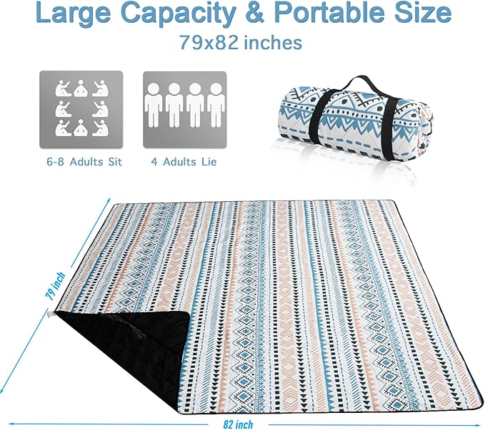 Picnic Blanket Extra Large(79" x 82"), 3-Layer Thickening Camping Blanket, Machine Washable Outdoor Blanket, Wear-Resistant, Soft and Comfortable, Sandproof Beach Mat for Beach, Park, Lawn(Boho Blue)