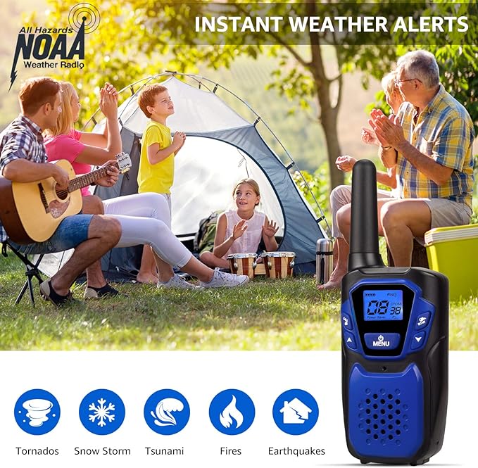 Walkie Talkies Rechargeable, 4 Pack Easy to Use Long Range Walky Talky for Adult Handheld Two Way Radio with NOAA for Hiking Camping (2Blue & 2Silver with Micro-USB Charger/Battery/Lanyard)
