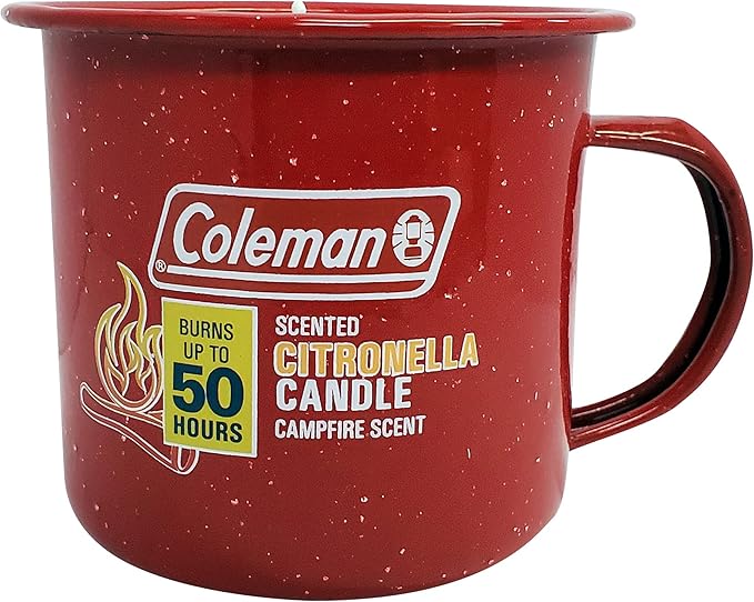 Coleman Repellents Tin Mug Outdoor Citronella Candle | Rustic Outdoor Camping Candle with Campfire Scent, Red