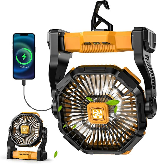 Camping Fan Rechargeable - Battery Powered Fans with Light, 20000mAh Portable Camping Fan for Tents, Hook, 270° Rotation Battery Operated Fans for BBQ Travel Desk Beach with Ventilador Recargable