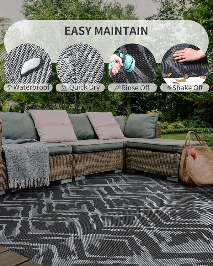 MontVoo Outdoor Rug 8x10 Waterproof-Patio Rug Mat Outdoor Carpet Reversible RV Camping Picnic Plastic Straw Rug Outside Outdoor Area Rug for Balcony Deck Backyard Patio Decor Modern Abstract