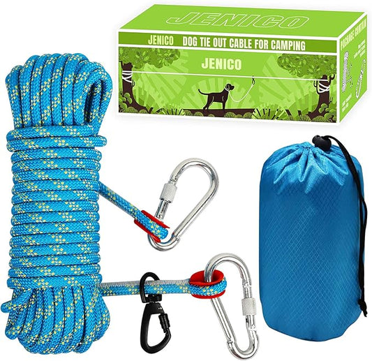 Dog Tie Out Cable for Camping - 50ft/70ft/100ft Portable Reflective Overhead Trolley System for Dogs up to 300lbs - Dog Lead for Yard Camping | Parks | Outdoor Events Blue