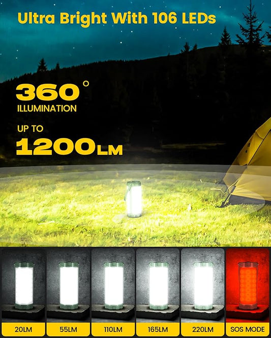 Glocusent Camping Lantern Rechargeable, Up to 80Hrs, 5000mAh 106 LED Lantern with 5 Brightness 3 Modes & SOS, IP68 Waterproof, Max 1200LM, Camping Light for Power Outages Hiking Emergency Hurricane