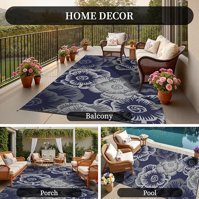 MontVoo Outdoor Rug 8x10 Waterproof Patio Rug-Outdoor Carpet Mat Reversible Plastic Straw Outside Outdoor Rug for RV Camping Picnic Beach Balcony Backyard Pool Deck Farmhouse Floral Navy Blue