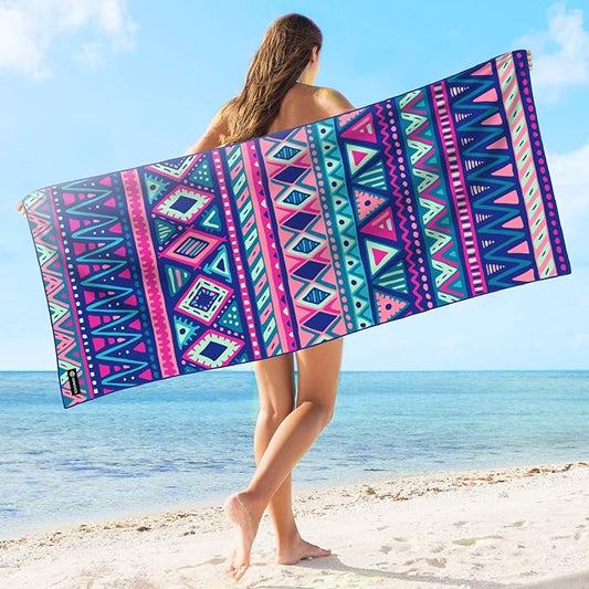 Microfiber Beach Towels Oversized 71"x31", Soft Touch Ultra-Absorbent Quick Dry Sand Free Large Pool Towels with Mesh Bag for Travel Camping Bathroom,Boho-Chic