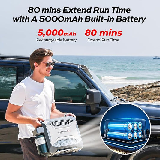 FOGATTI Portable Gas Water Heater, InstaShower GO, Propane, 19,000 BTU, with 5000mAh Rechargeable Built-in Battery, DC 12V, Outdoor Camping Shower with Tip-Over Protection, Safety Shutoff