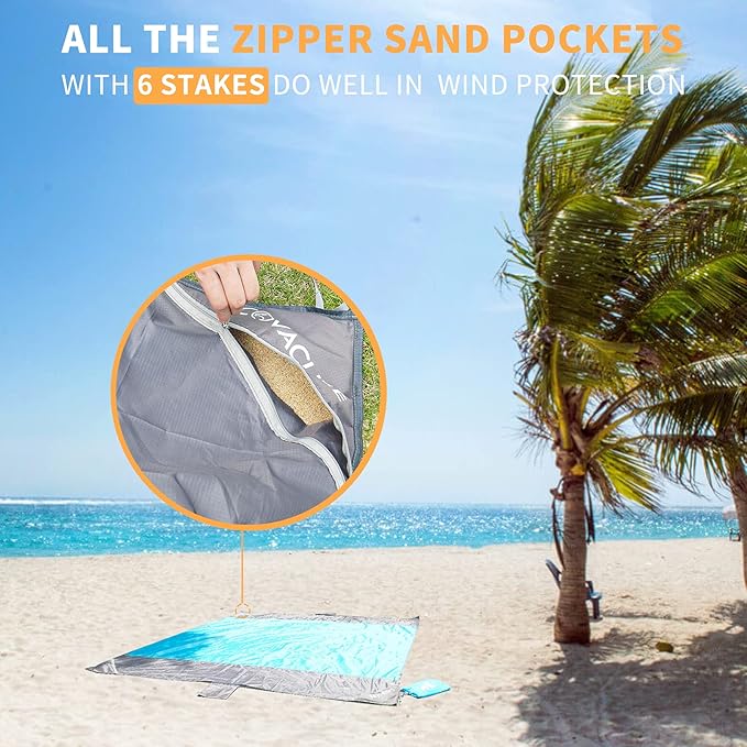 covacure Beach Blanket - Extra Large Beach Blanket Waterproof Sandproof Fits 108”X 85.2" for 8 Adults, Oversized Beach Mat with Zipper Pocket, Outdoor Beach Accessories for Travel, Camping, Hiking