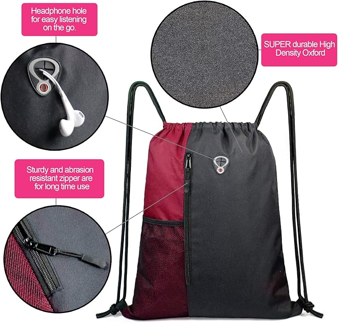 Drawstring Backpack Sports Gym Bag for Women Men Large Size With Two Zipper Pockets and Water Bottle Mesh Pockets