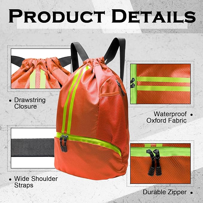 Sports Drawstring Backpack, Gym Bag for Men Women with Shoe Compartment, Waterproof Pocket, Drawstring Swim Bag (Orange)