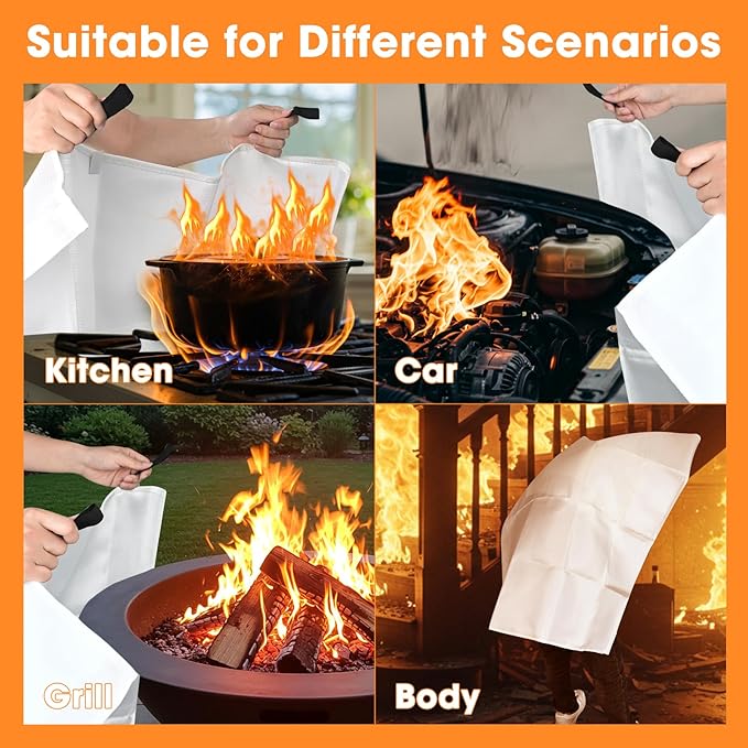 Emergency Fire Blanket, 40"x40" Fiberglass Suppression Fire Retardant Blankets for Home, Kitchen, Camping, Grill, Car, Office, Warehouse with Hooks(6 Pack)