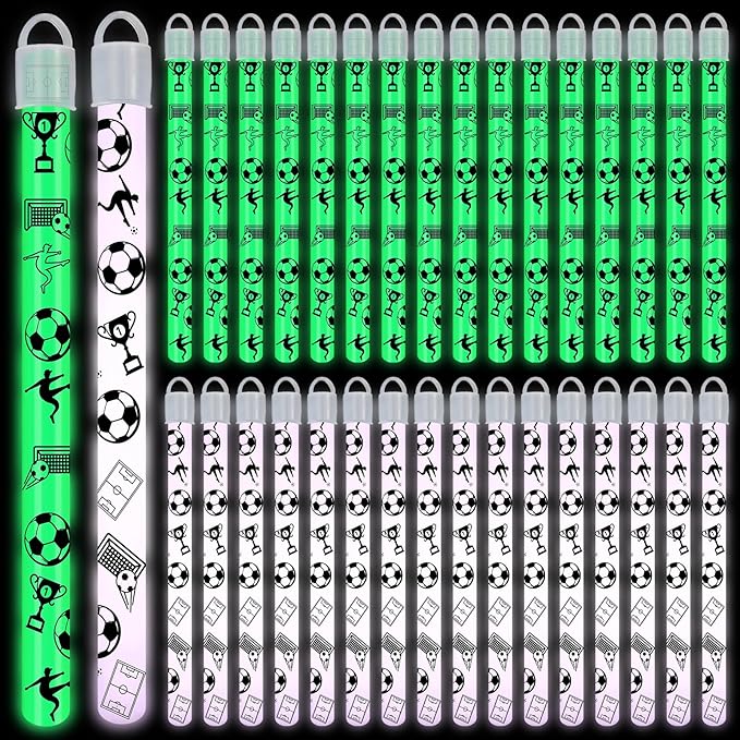 Libima 36 Set 8 Inch soccer Glow Sticks Necklaces with End Caps and Lanyards Bright Glow in the Dark Sticks White Green Hanging Wands for Sports Game Favors Camping