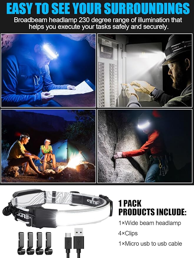 LED Headlamp Flashlight, 1000L 230° Broadbeam Headlight, USB C Rechargeable Head Lamp with Red Taillight, Lightweight Waterproof Headlamps for Camping Running Hiking, Hard Hat Headlamp 1Pack