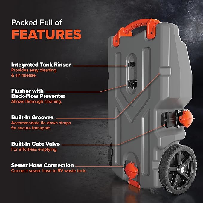 Camco Rhino 28-Gallon RV Tote Tank - Features Large Heavy-Duty No-Flat Wheels & Built-in Gate Valve - Removable Steel Tow Adapter, 3’ Sewer Hose & More RV Accessories (39004)