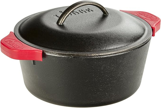 Lodge L8DOL3HH41PLT Cast Iron Dutch Oven with Handle Holders, 5 quart, Black/Red