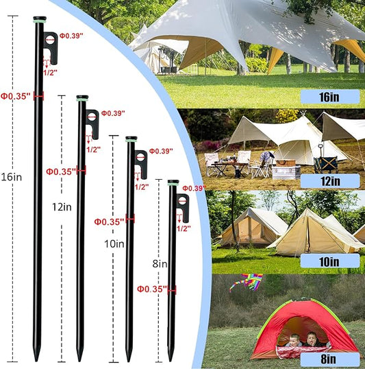 8/12/16Pack Tent Stake with Hammer, 8/10/12/16in Heavy Duty Tent Stakes + 10in Camping Hammer+Storage Pouch, Forged Steel Stakes Used on Rocks (12 Pack 10in Tent Stakes+Hammer)
