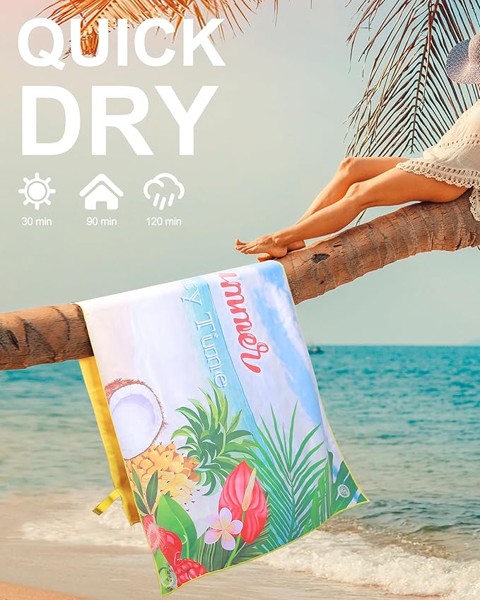 Microfiber Beach Towels for Adults - Large Travel Towel Fast Drying Lightweight 62x32 Inch, Sand Free Towel with Pouch, Buttons, Elastic Band for Fitness, Yoga, Sauna, Camping, Swim (Summer)