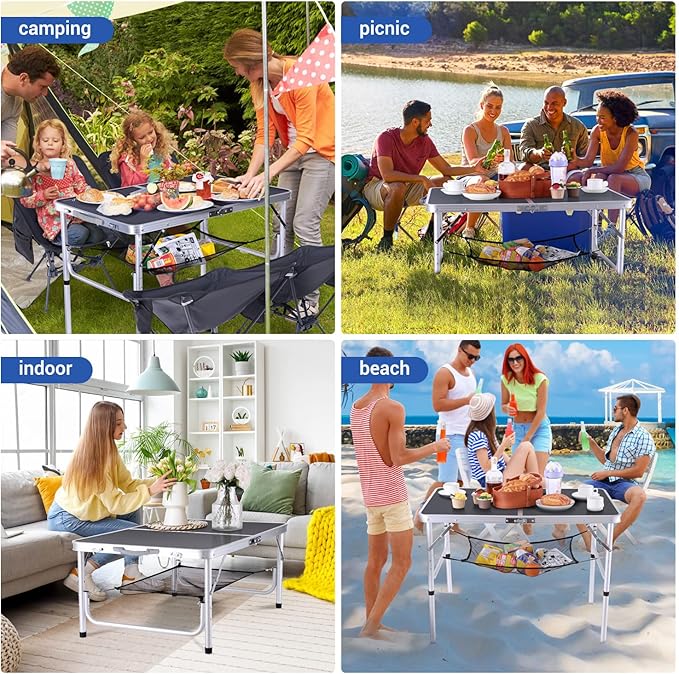 Sportneer Folding Table: Adjustable Height Camping Essentials 35.4" L x 23.6" W 2 Height with Mesh Layer - Compact & Portable Small Folding Table for Outdoor Camp Garden Picnic BBQ Dining Cooking