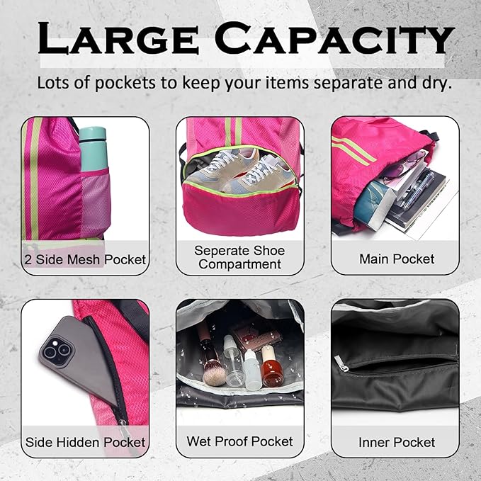 Sports Drawstring Backpack, Gym Bag for Men Women with Shoe Compartment, Waterproof Pocket, Drawstring Swim Bag (Rose Red)