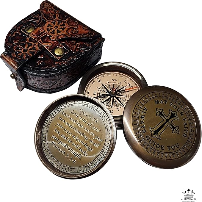 Trust in The Lord with All Your Heart - Proverbs 3:5-6 Quote Engraved Compass with Wooden Box or Leather case, Greeting Card, Gift Compass, Graduation Day Gifts 2025 for Women Men Boys Girls