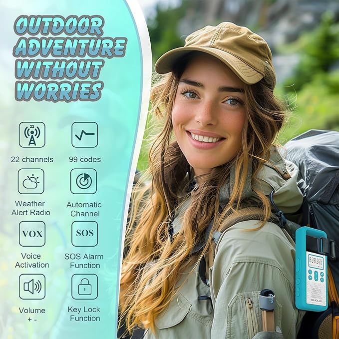 Walkie Talkie,with FM/NOAA, Weather Alert, LED Flashlight-USB Charging,Flashlight for Field, Survival Biking Hiking Camping（Blue Rose）