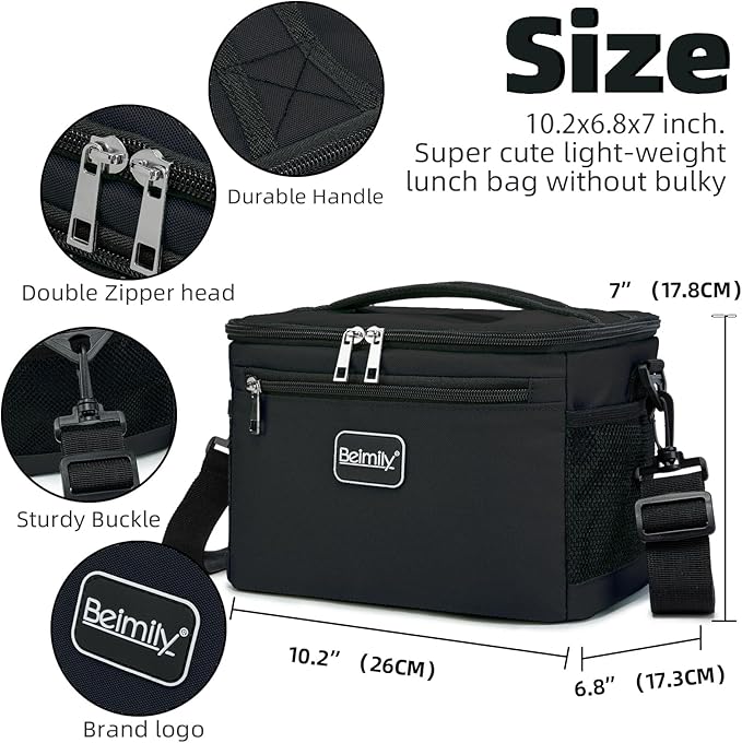 BEIMILY Lunch Box for Men/Women, Small Insulated Lunch Bag, Leak-Proof Soft Cooler Tote Bag, Reusable LunchBox for Work, Travel, Fitness, Picnic with Adjustable Shoulder Strap for Adults (Black)