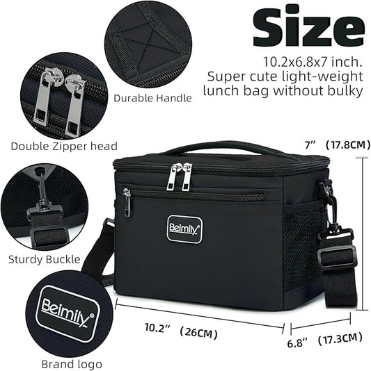 BEIMILY Lunch Box for Men/Women, Small Insulated Lunch Bag, Leak-Proof Soft Cooler Tote Bag, Reusable LunchBox for Work, Travel, Fitness, Picnic with Adjustable Shoulder Strap for Adults (Black)