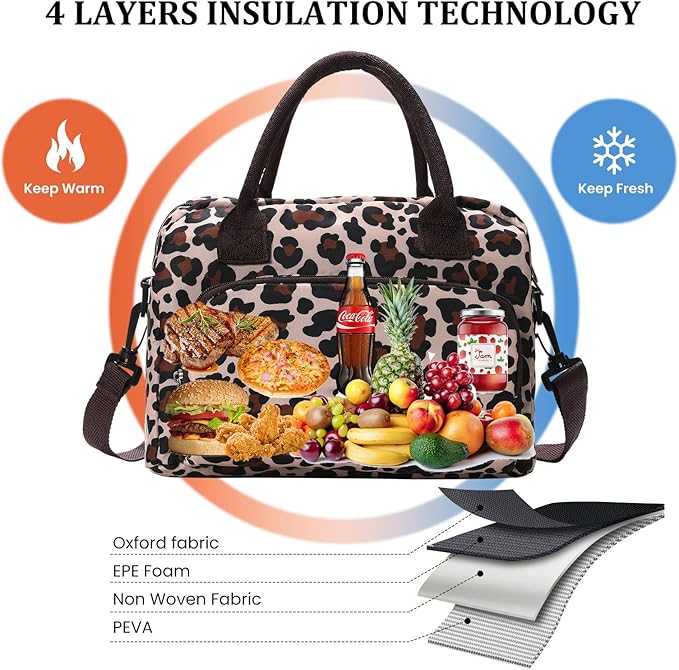 Lunch Bag for Women Men Large Insulated Reusable Lunch Box Girls Leopard Water Resistant Portable Cooler Tote Bag for Work Picnic