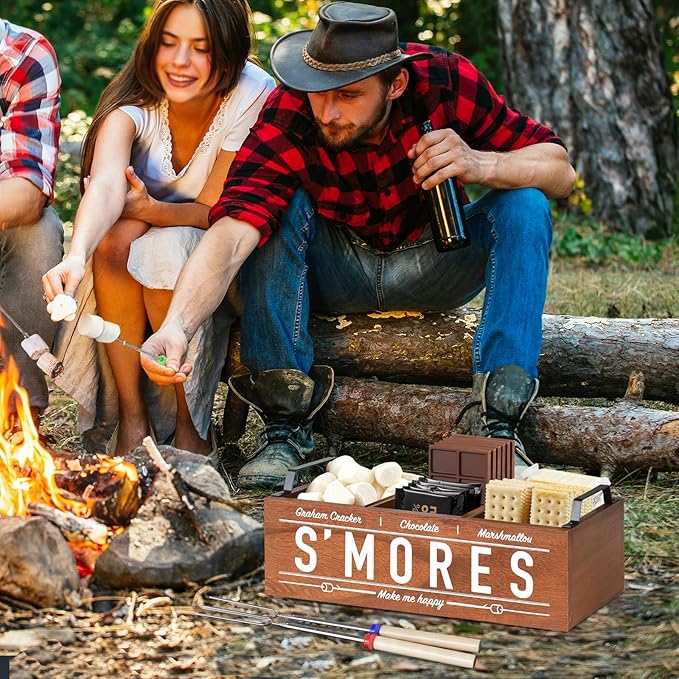 S'Mores Station, Farmhouse Smores Caddy with Handles, Smores Kit for Fire Pit Smores Maker Box, Smores Bar Station with 5Pcs Extendable Marshmallow Roasting Sticks, Camping Essentials Gear Accessories