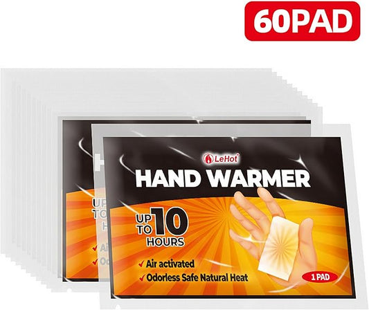 Hot Hand Warmers - 60 Individual Warmers Disposable, Hot Hands Hand Warmers, Up to 10 Hours of Safe and Continuous Heat, Perfect for Camping, Outdoor Skiing, Fishing. Ideal for Outdoors and Travel.