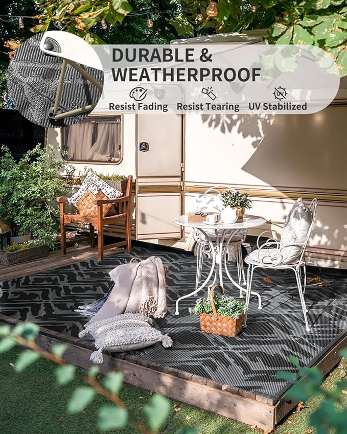 MontVoo Outdoor Rug 8x10 Waterproof-Patio Rug Mat Outdoor Carpet Reversible RV Camping Picnic Plastic Straw Rug Outside Outdoor Area Rug for Balcony Deck Backyard Patio Decor Modern Abstract