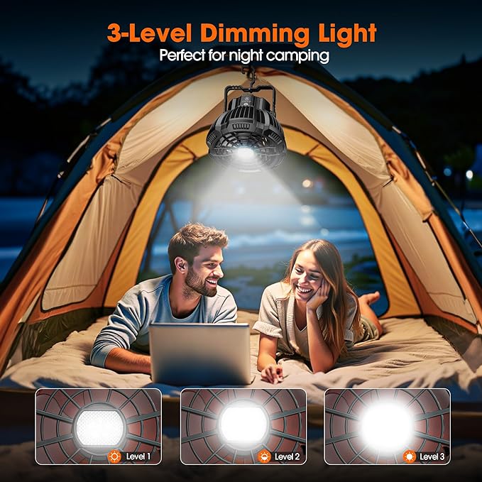 15000mAh Portable Camping Fan with Lantern, Rechargeable Battery Operated Fans with Hook, Glamping Tent Hanging Fan for RV Travel,Car Camping Essentials Accessories,Hiking Gear,Hurricane Survival Gear