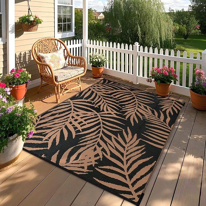 Outdoor Rugs Patio Camping Waterproof - Plastic Straw Patio Rug Portable for Campers, Outside RVs Mat, Outdoor Area Carpet for Patios Clearance, Backyard Porch, Deck, Balcony, Picnic, Black Brown