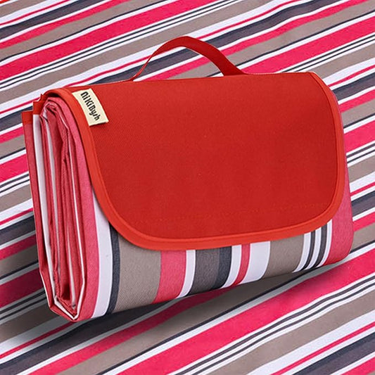 Picnic Blanket Waterproof Washable Foldable 58''x78'',Extra Large Picnic Mat, Dual Layers for Outdoor Water-Resistant Handy Mat, Beach, Intdoor,Camping on Grass - Red Stripes