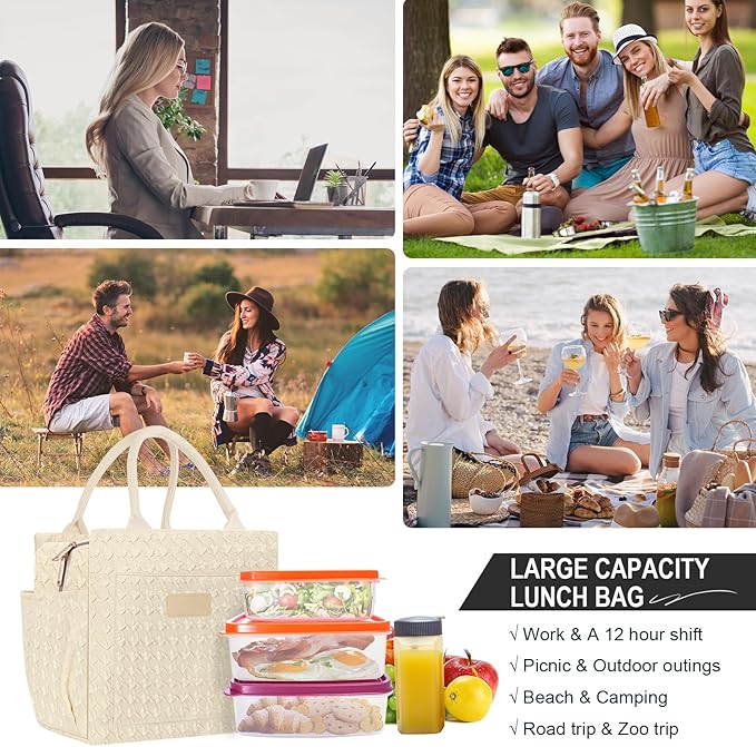 Joymee Lunch Bag Women Insulated Lunch Box Reusable Leakproof Large Spacious Cooler Tote for Women Men Adult with Bottle Holder and Side Pockets for Work Office Travel Picnic - B-Beige