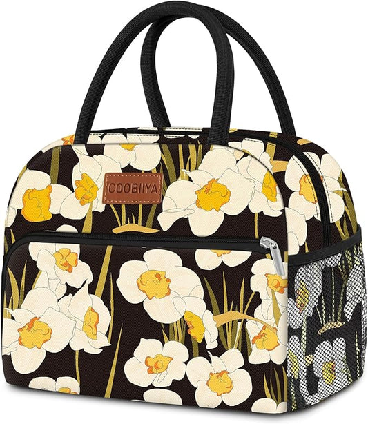 Coobiiya Lunch Bag Women, Daffodil Lunch Bag for Women Adult, Small Leakproof Cute Lunch Box Tote Large Capacity Reusable Insulated Cooler Lunch Container for Work/Office