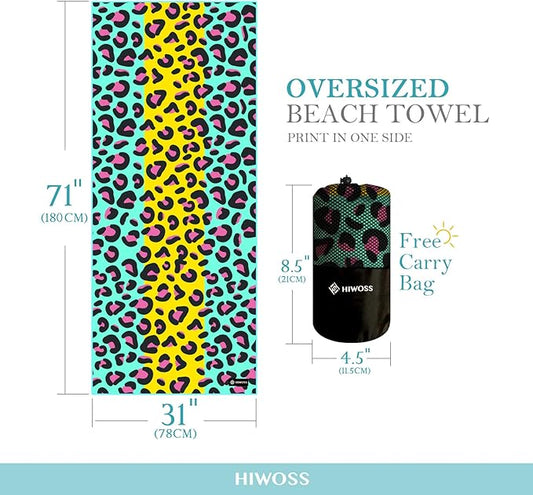 Microfiber Pool Towels Oversized 71"x31",Soft Touch Ultra-Absorbent Quick Dry Sand Free Large Beach Towels for Adults with Mesh Bag for Travel Camping Bathroom, Striped Leopard
