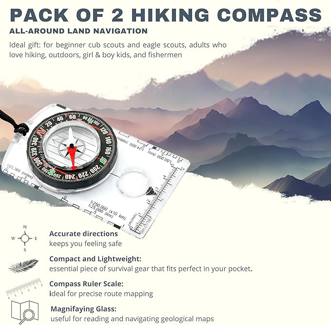 Pack of 2 Orienteering Compass Hiking-Compasses boy Scout Kids- Magnetic Gear Set Navigation map- Brujulas orientacion-Backpacking Camping Hunting Survival.