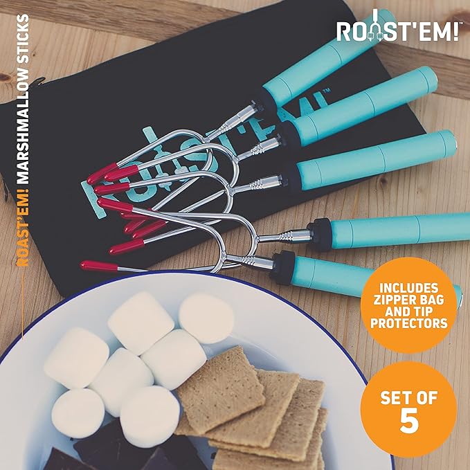 Rotating Marshmallow Roasting Sticks for Campfire & Bonfire | Extra Long Hot Dog & Smores Sticks for Fire Pit | Camping Smores Kit | Retractable Campfire Skewers | Set of 5
