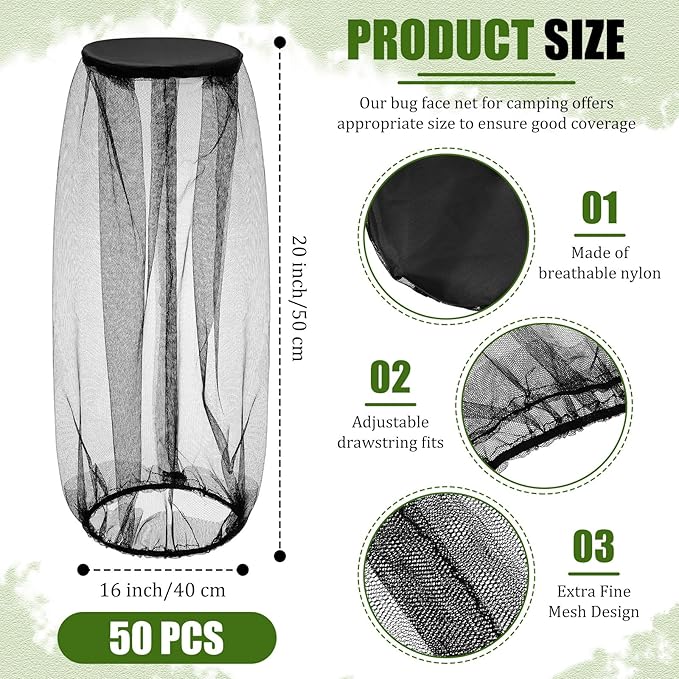 Windyun 50 Pcs Mosquito Net Hat 16 x 20 Inch Mesh Face Netting Mosquito Hats with Netting Bug Net Hat Protecting Face Head Neck Fly Netting Hood for Bugs Biting from Outdoor Activities Hiking Camping
