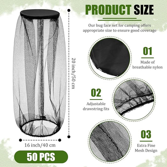 Windyun 50 Pcs Mosquito Net Hat 16 x 20 Inch Mesh Face Netting Mosquito Hats with Netting Bug Net Hat Protecting Face Head Neck Fly Netting Hood for Bugs Biting from Outdoor Activities Hiking Camping