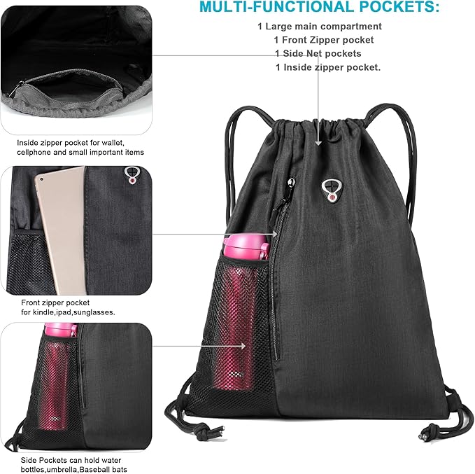 Drawstring Backpack Sports Gym Bag for Women Men Large Size With Two Zipper Pockets and Water Bottle Mesh Pockets