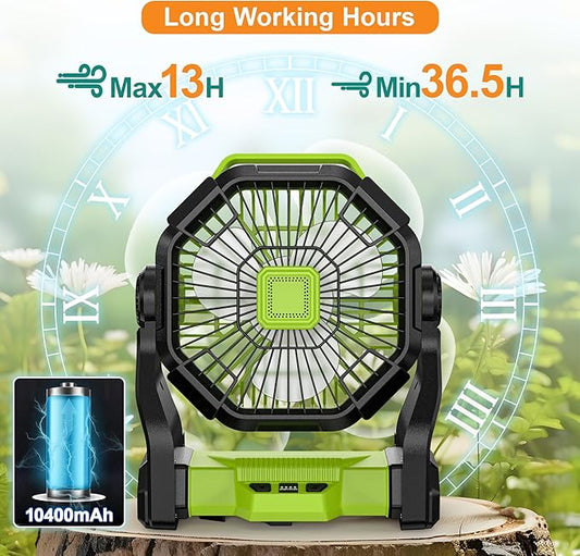 Battery Powered Fan -Camping Fan with Led Lantern, 12000mAh Portable Rechargeable, Battery Operated for Tent, Hook 4 Speed Quiet Personal for Desk, Travel, Fishing, Power Outage, Hurricane-Green