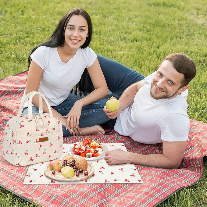Lunch Bag Women Insulated, Cute Corduroy Tote Bag for Women with Placemat, Large Capacity Reusable Insulated Cooler Lunch Box for Travel Picnic office