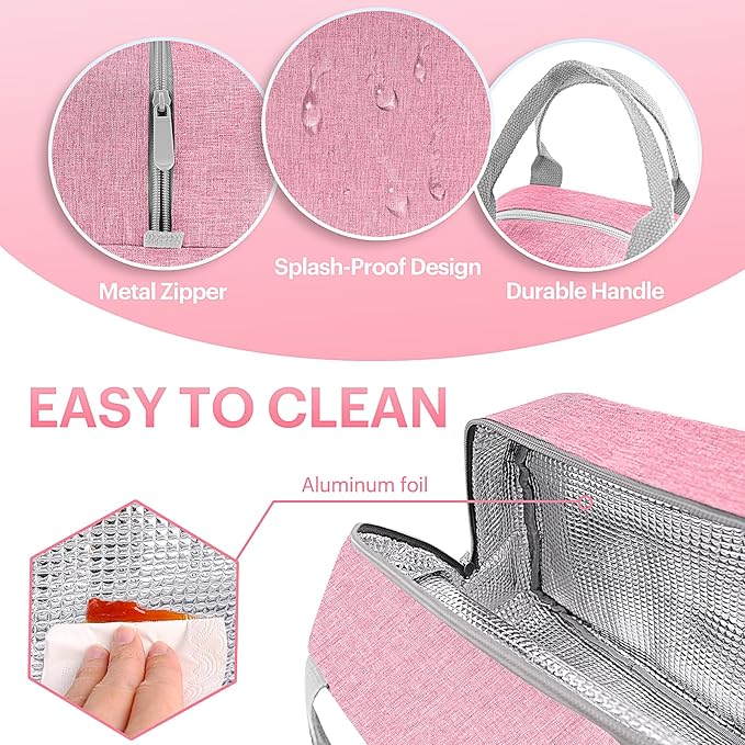 Lunch Bag for Women & Men Adult Insulated Lunch Box, Small Leakproof Cooler Food Lunch Containers Reusable High Capacity Lunch Tote Bags for Work, Travel, Outdoor (Pink)