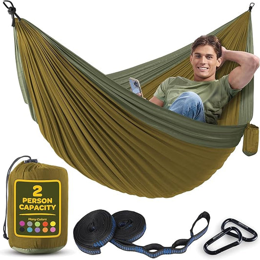 Durable Hammock 500 lb Capacity, Nylon Camping Hammock Chair - Double or Single Sizes w/Tree Straps and Attached Carry Bag - Portable for Travel/Backpacking/Beach/Backyard (Large, Khaki & Dark Green)