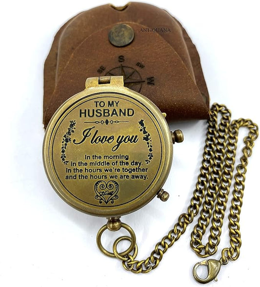 Brass Compass Unique Print To My Husband Compass With Leather Case Antique Brass Compass With Chain A Great Gift Item For Your Loved Ones Hikers And Traveler By
