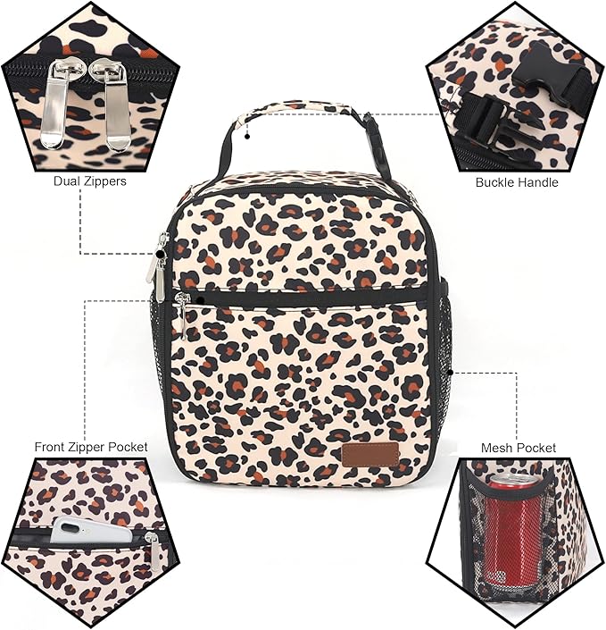 Lunch Box for Men Women Adults Small Lunch Bag for Office Work Picnic - Reusable Portable Lunchbox, Leopard