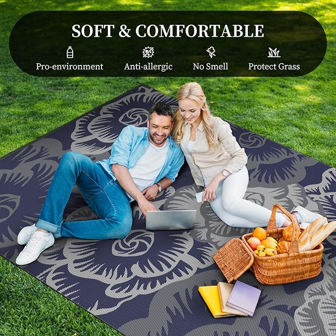 MontVoo Outdoor Rug 8x10 Waterproof Patio Rug-Outdoor Carpet Mat Reversible Plastic Straw Outside Outdoor Rug for RV Camping Picnic Beach Balcony Backyard Pool Deck Farmhouse Floral Navy Blue