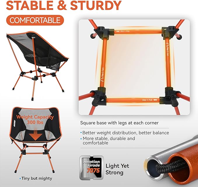 MARCHWAY Ultralight Folding Camping Chair, Heavy Duty Portable Compact for Outdoor Camp, Travel, Beach, Picnic, Festival, Hiking, Lightweight Backpacking (Orange)