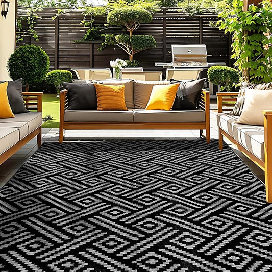 OPPODREAM Outdoor Rug 4x6 Ft, Waterproof Outdoor Plastic Straw Rug for Patio, Reversible Out Door Carpet for Camping, Deck, Rv, 4 x 6 Area Carpet for Balcony, Porch, Backyard, Black and Grey